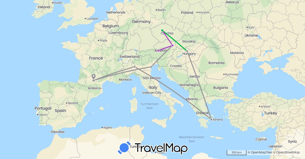 TravelMap itinerary: driving, bus, plane, train in Austria, Czech Republic, France, Greece, Hungary, Italy (Europe)
